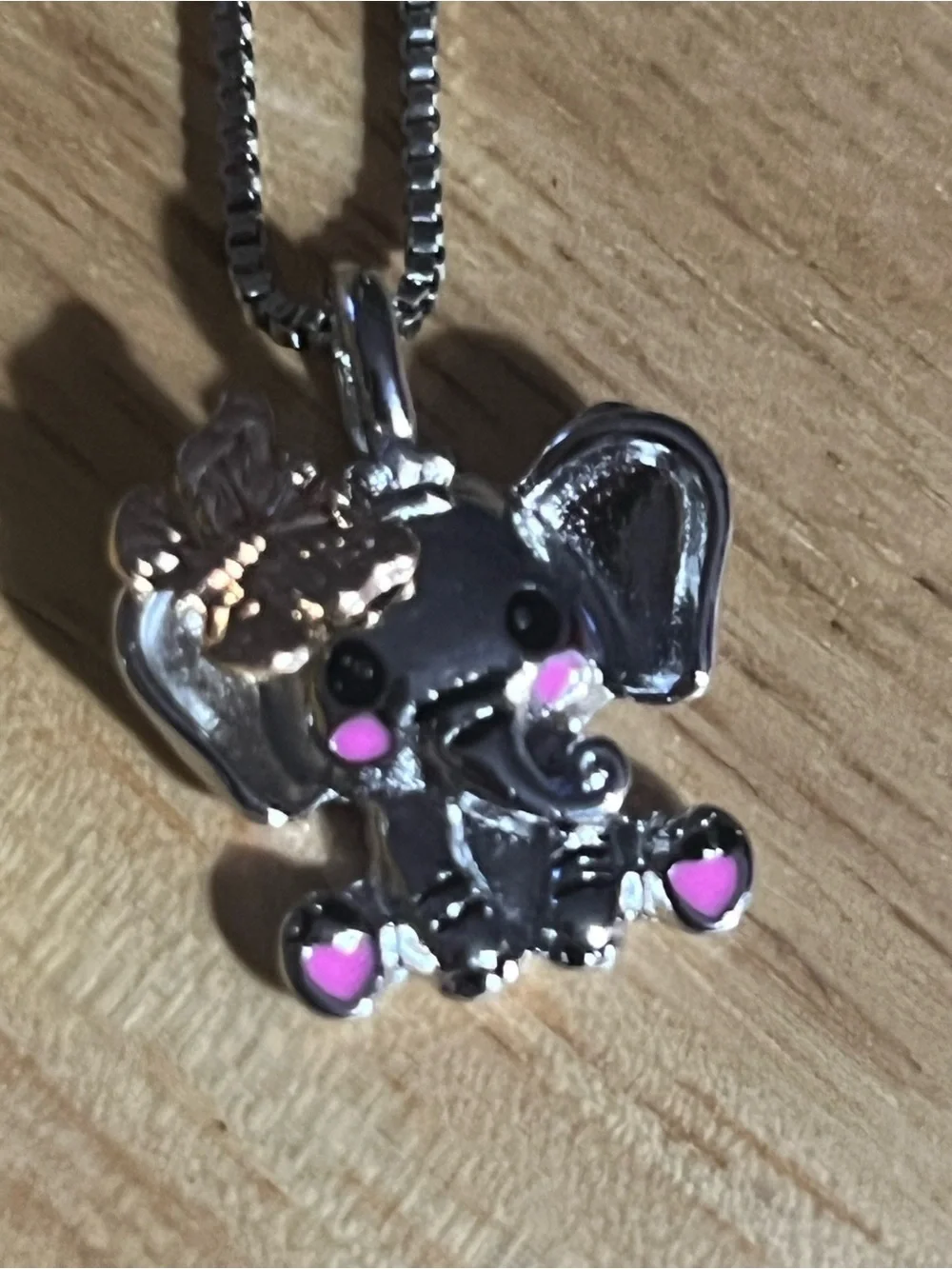 Silver-tone Kids Elephant Pendant Necklace with Pink Accents N184